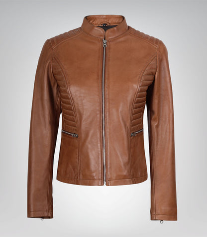 Premium tan leather jacket for women in fitted style