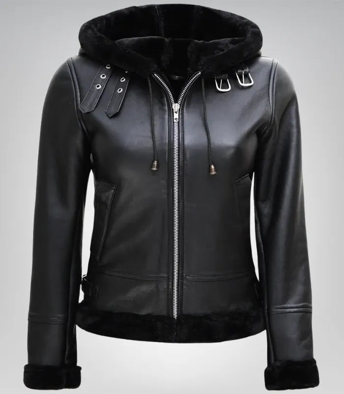 Title: Women’s Aviator Shearling Jacket – Black Hooded Leather Winter Coat