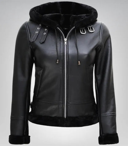 Title: Women’s Aviator Shearling Jacket – Black Hooded Leather Winter Coat