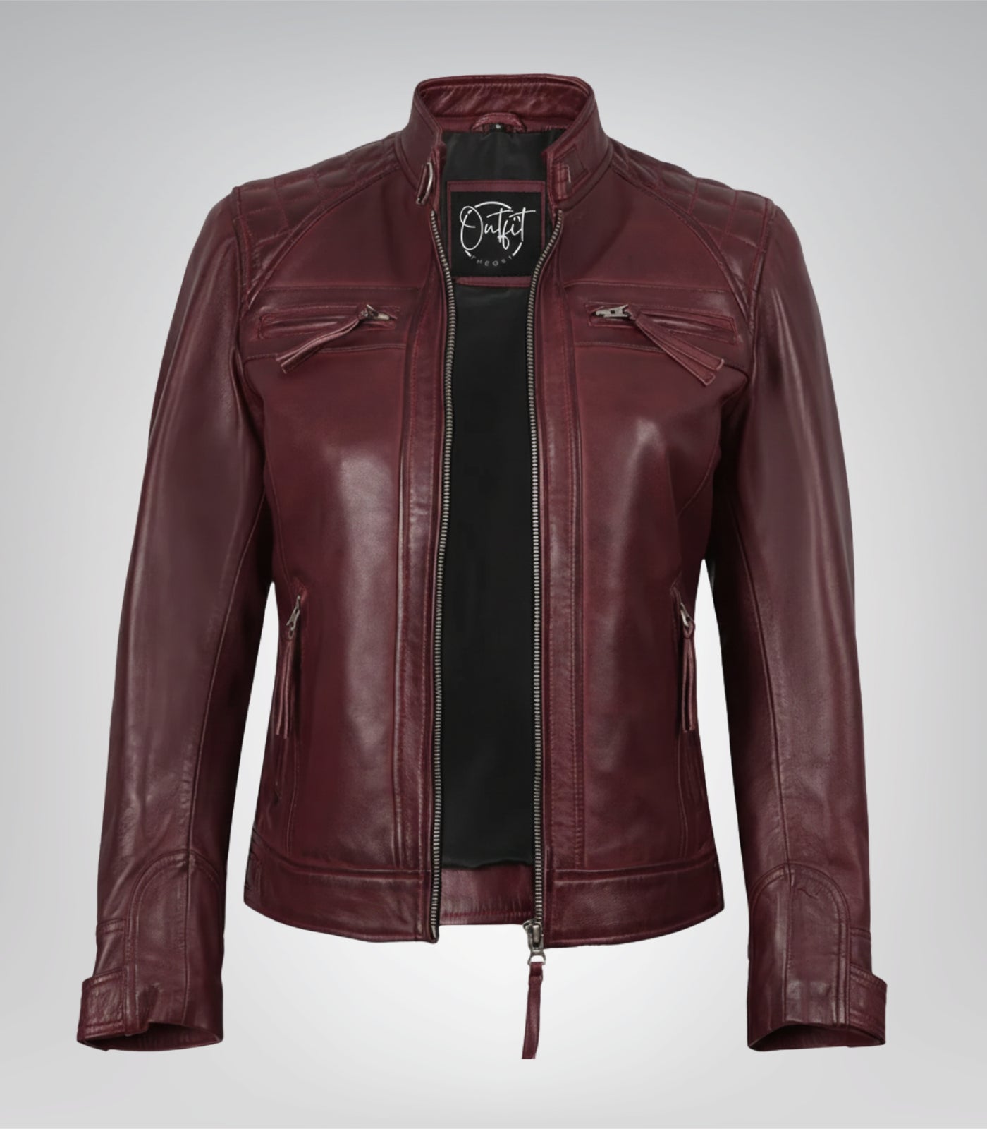 Women’s Burgundy Genuine Lambskin Moto-Style Leather Jacket