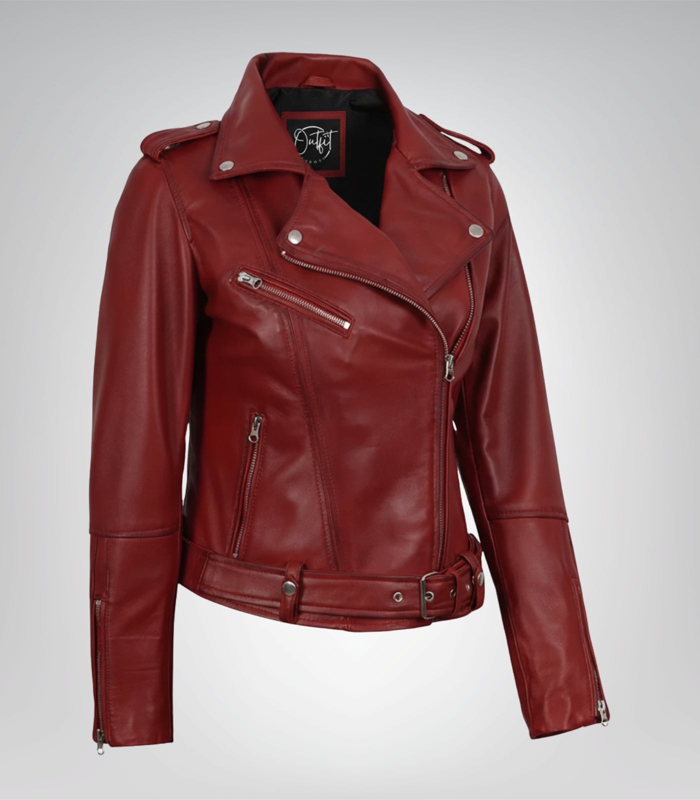 Classic belted motorcycle jacket for women in genuine leather