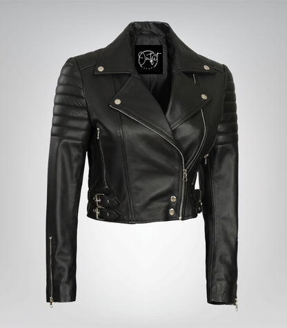 Women’s Black Cropped Moto Jacket with Asymmetrical Front