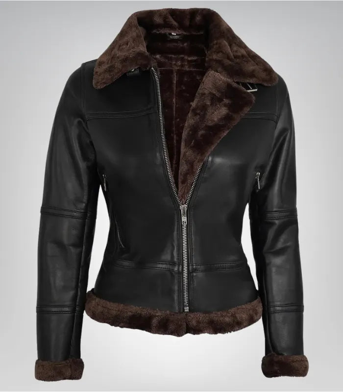Alt Text: Elegant women’s dark brown shearling B3 bomber jacket for winter wear