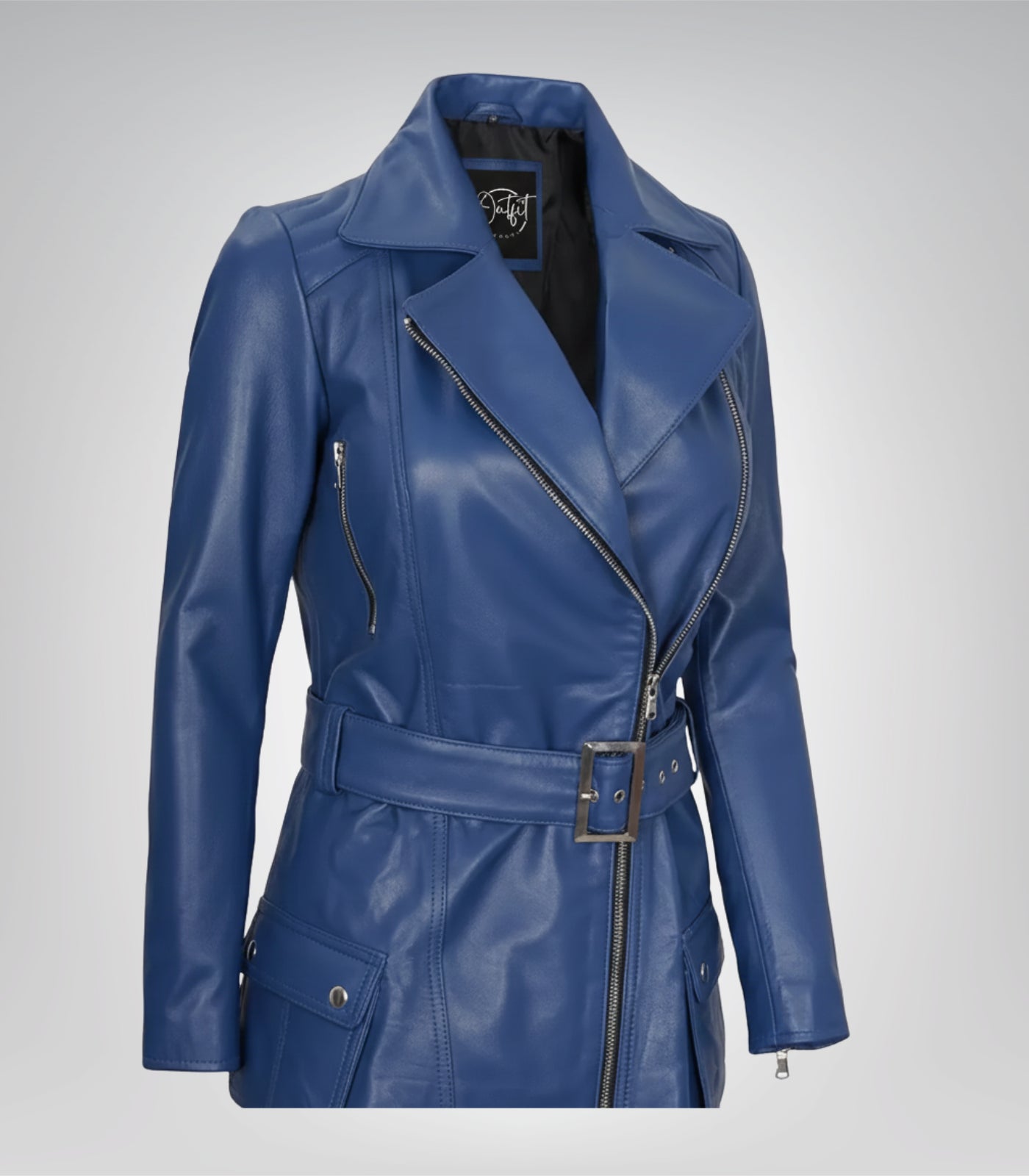 Women’s Blue Leather Biker Jacket with Asymmetrical Front and Belt