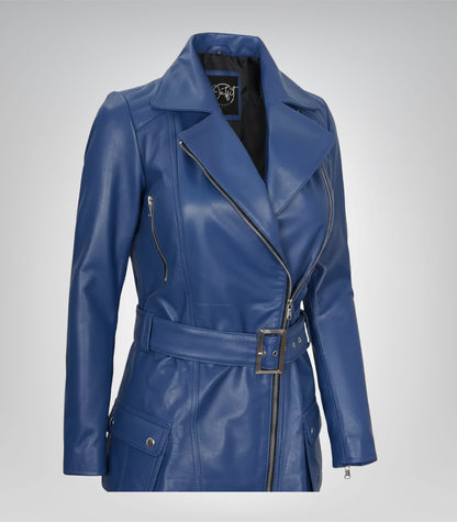 Women’s Blue Leather Biker Jacket with Asymmetrical Front and Belt