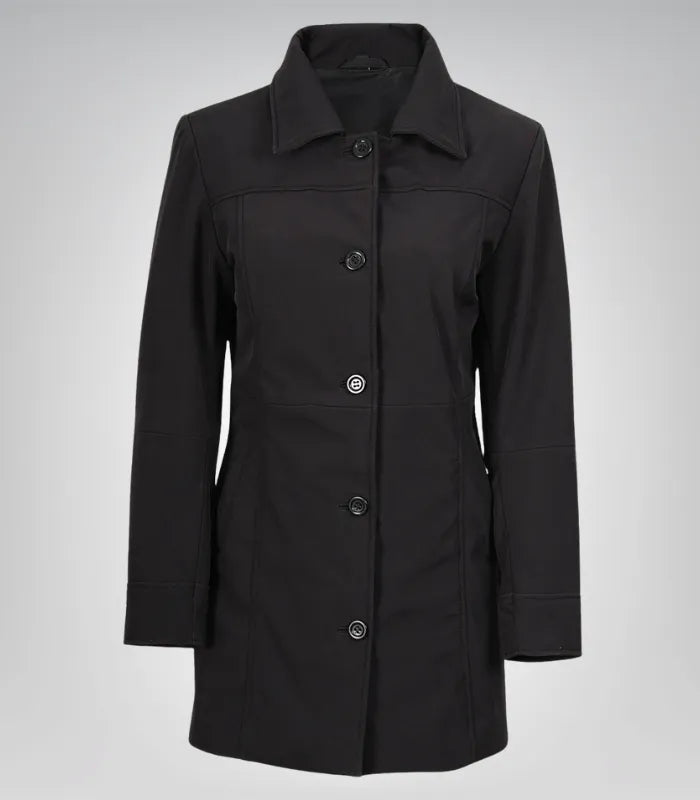 Alt Text: Elegant women’s black lightweight car coat with button closure, mid-length design