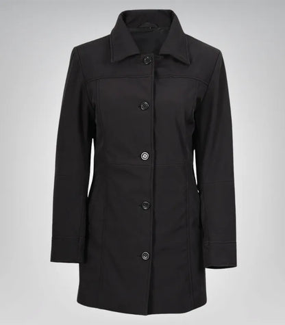 Alt Text: Elegant women’s black lightweight car coat with button closure, mid-length design
