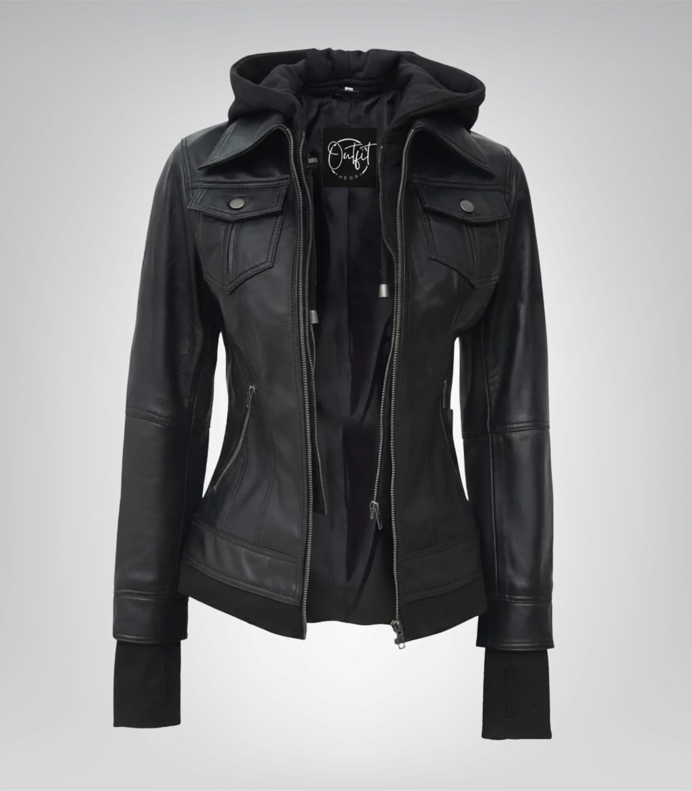 Céleste premium women’s black leather bomber jacket with removable hood