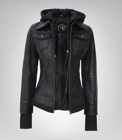 Céleste premium women’s black leather bomber jacket with removable hood