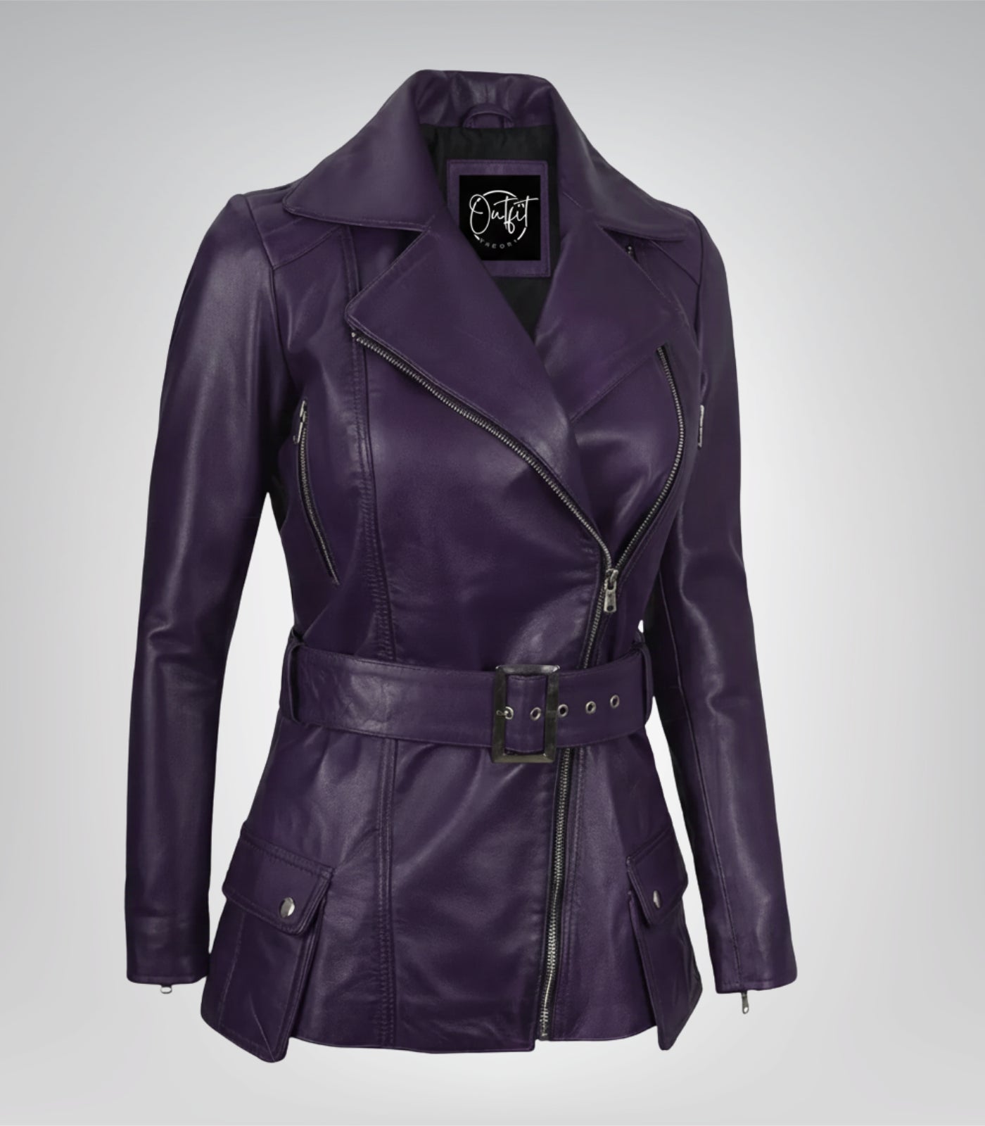 Women’s Purple Real Leather Biker Jacket with Belted Waist
