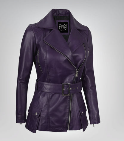 Women’s Purple Real Leather Biker Jacket with Belted Waist