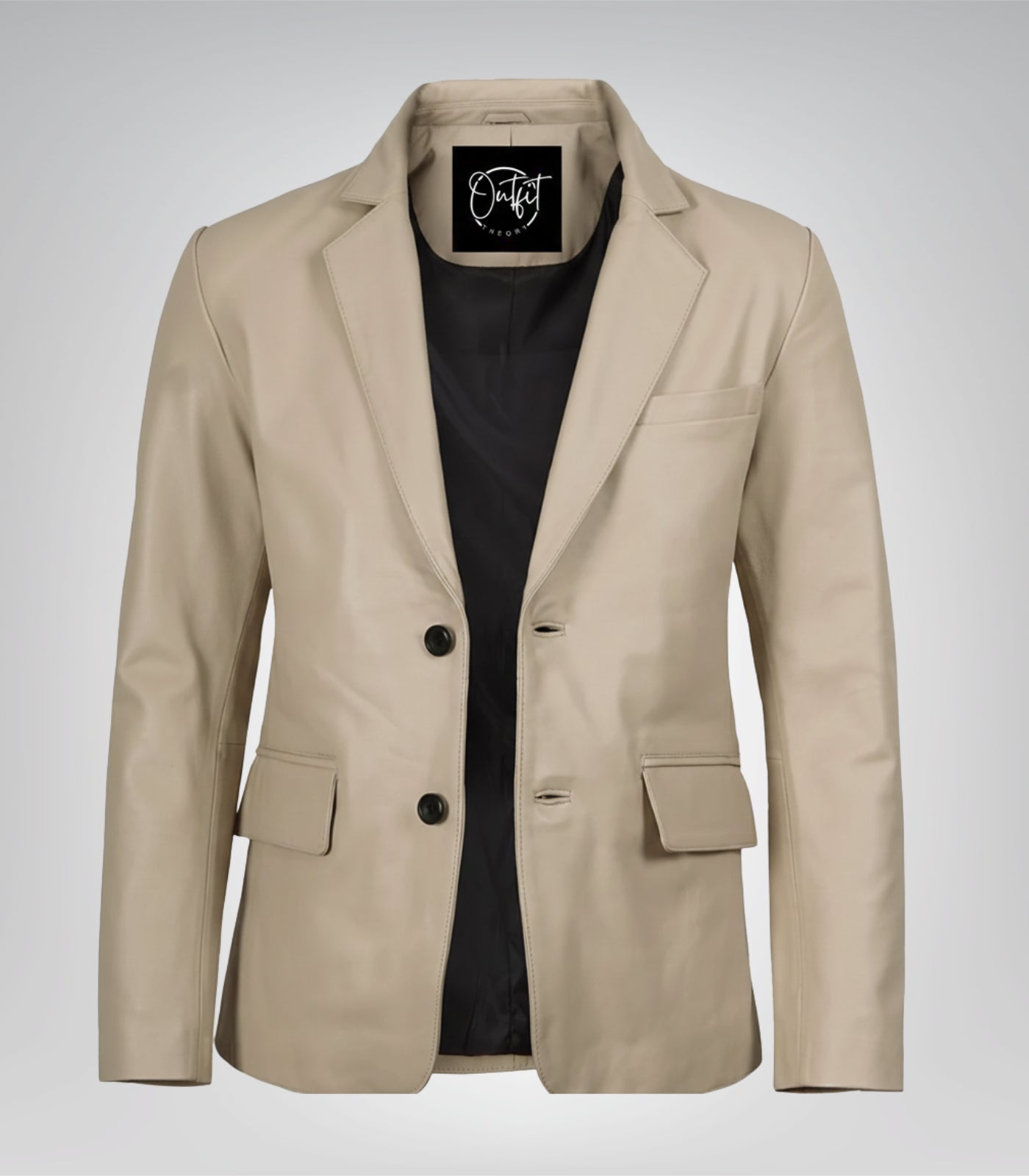 Men’s premium beige leather blazer jacket with two buttons and notch lapel