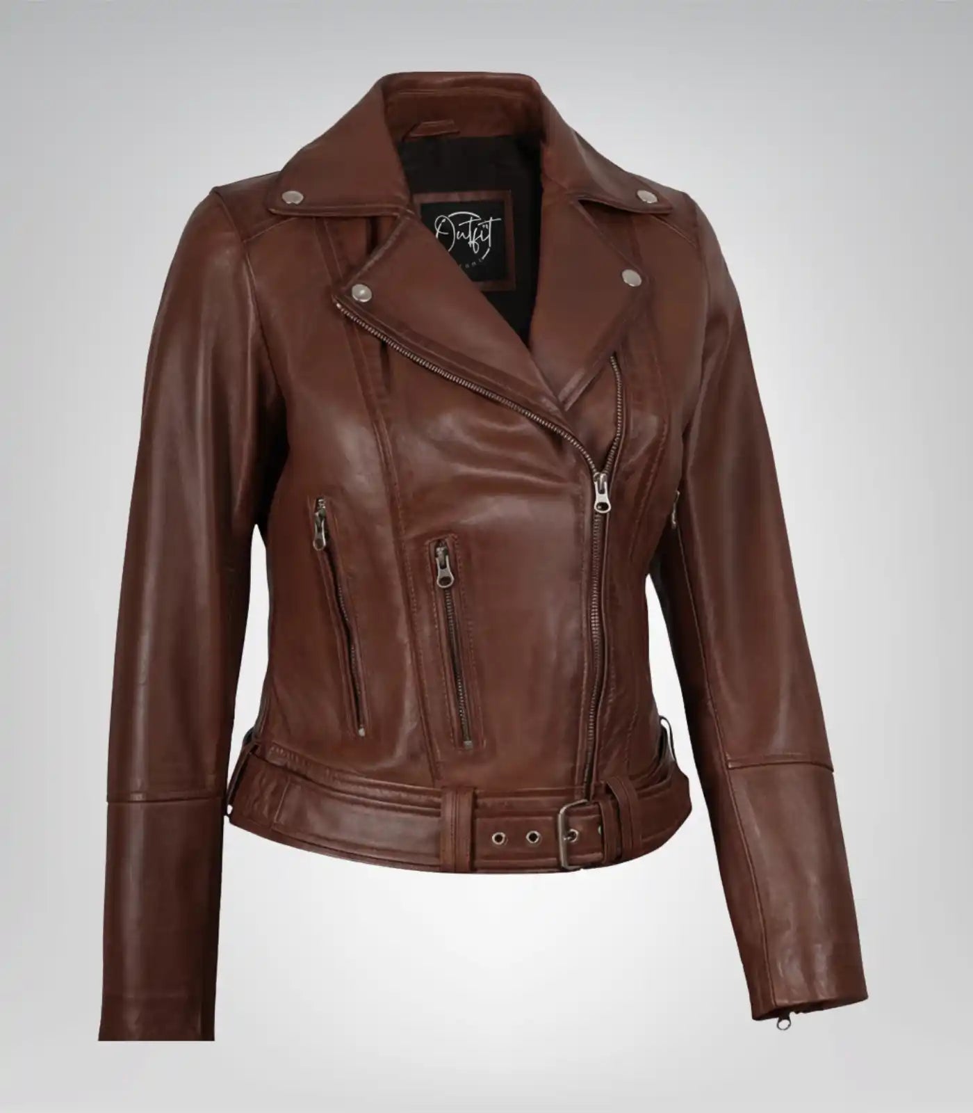 Women’s premium cognac leather moto jacket featuring asymmetrical front
