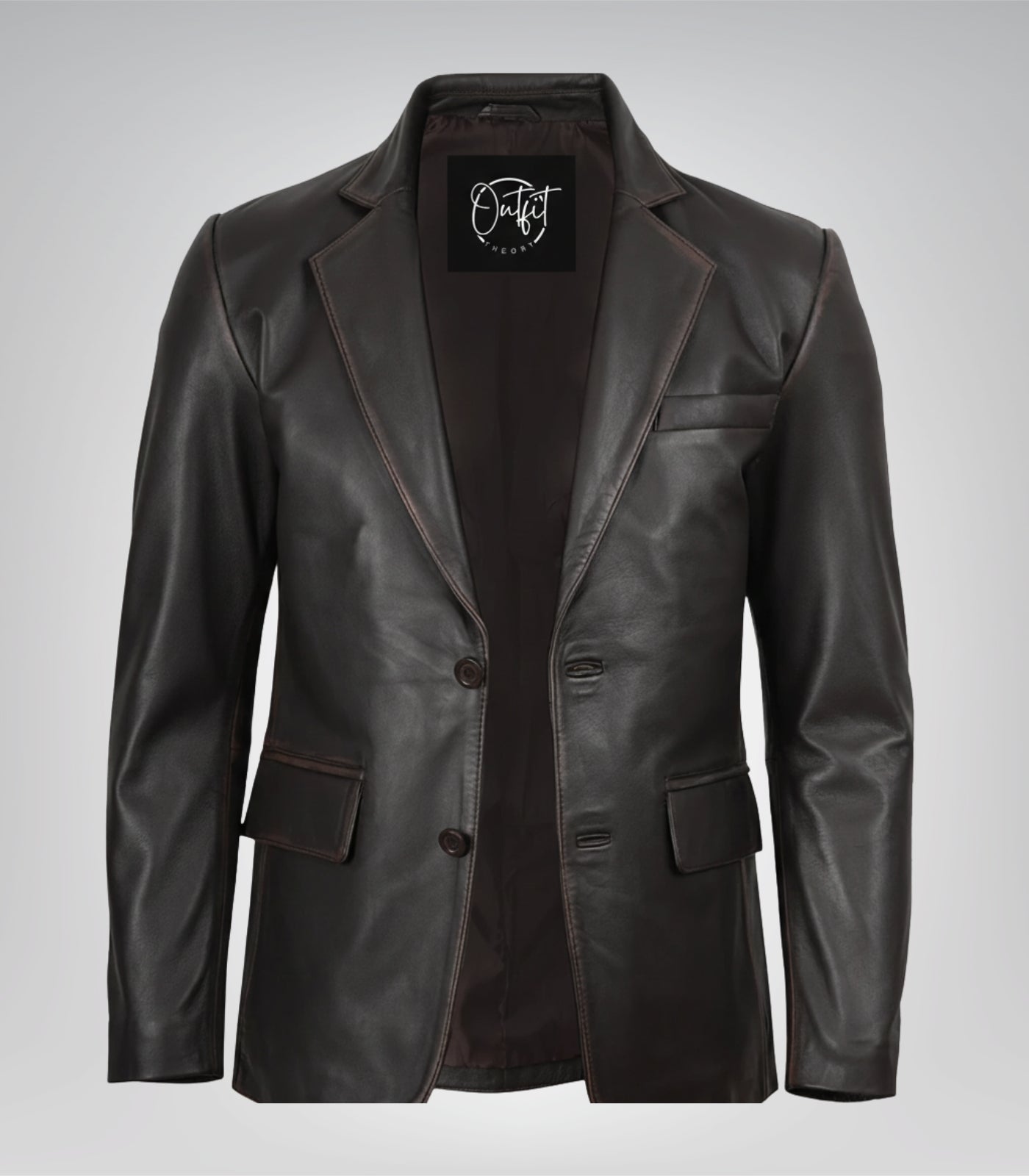 Men’s premium distressed brown leather blazer jacket with two buttons