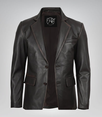 Men’s premium distressed brown leather blazer jacket with two buttons