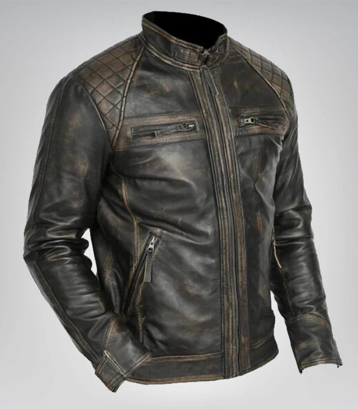 Mens Cafe Racer Retro Motorcycle Leather Jacket