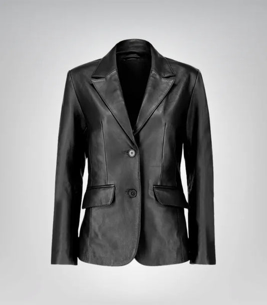 Elegant women’s black leather blazer – genuine lambskin with fitted design