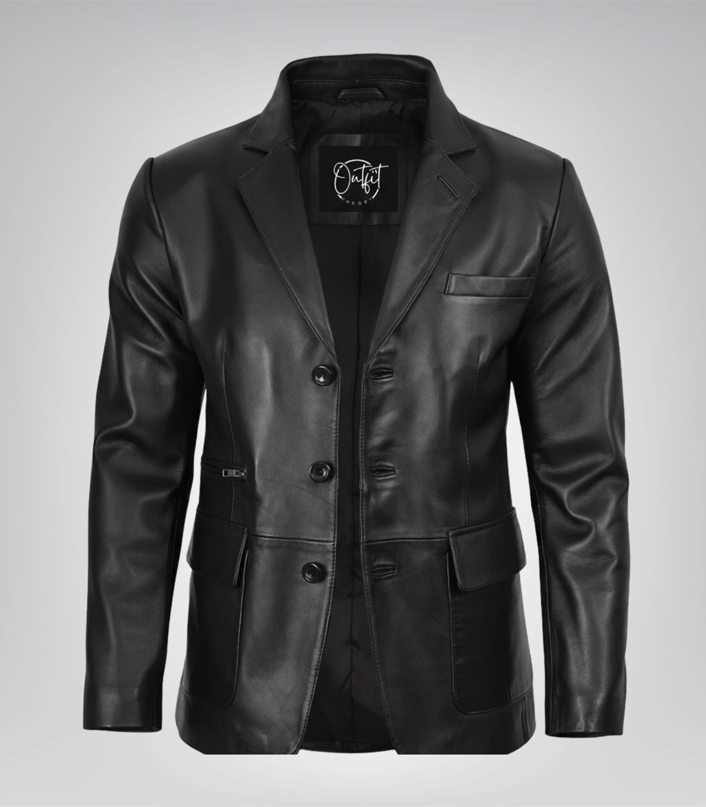 Men’s premium black leather blazer jacket with three buttons and traditional notch lapel