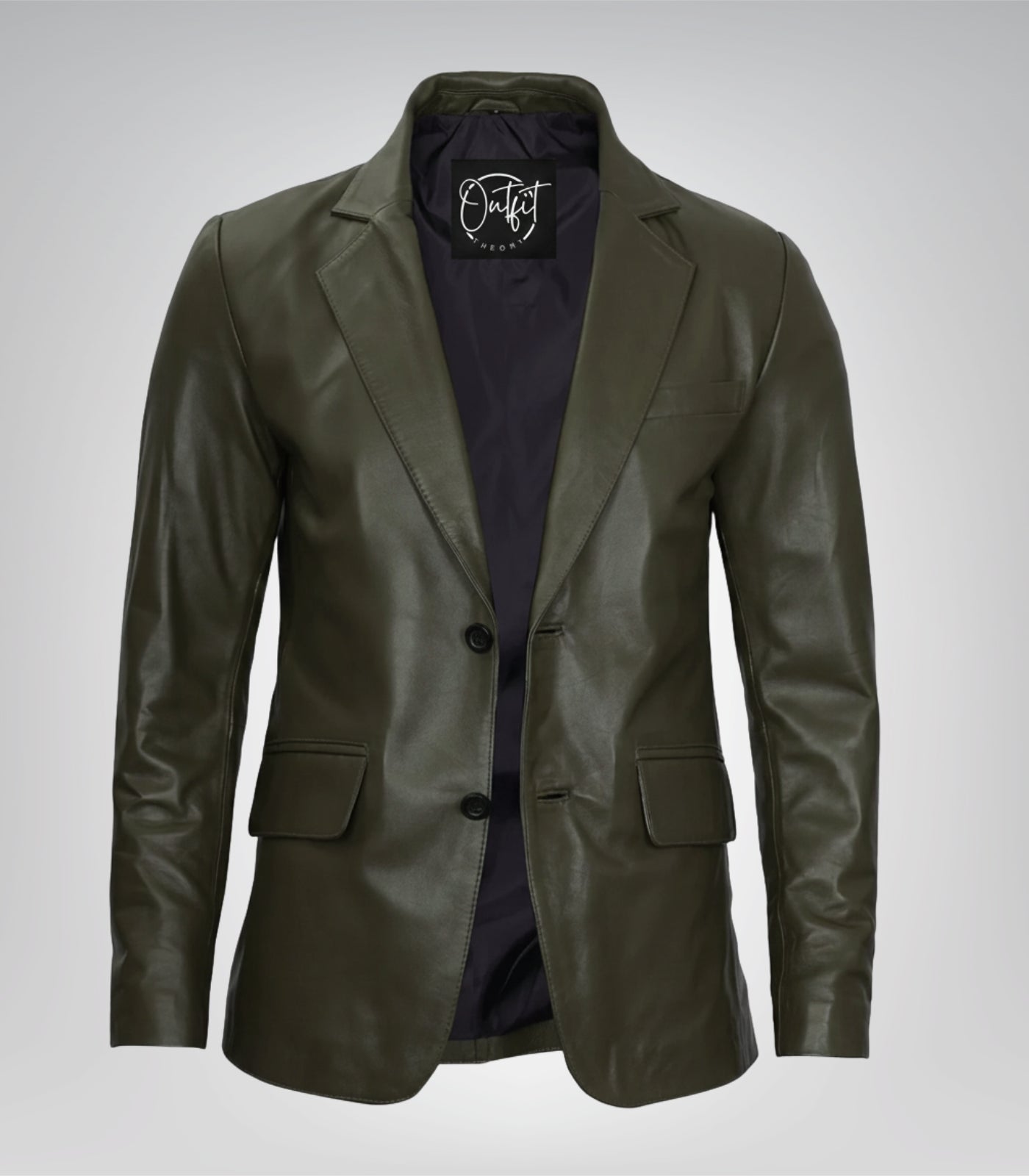 Men’s premium olive green leather blazer jacket with two buttons