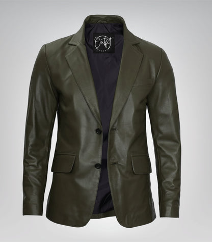 Men’s premium olive green leather blazer jacket with two buttons