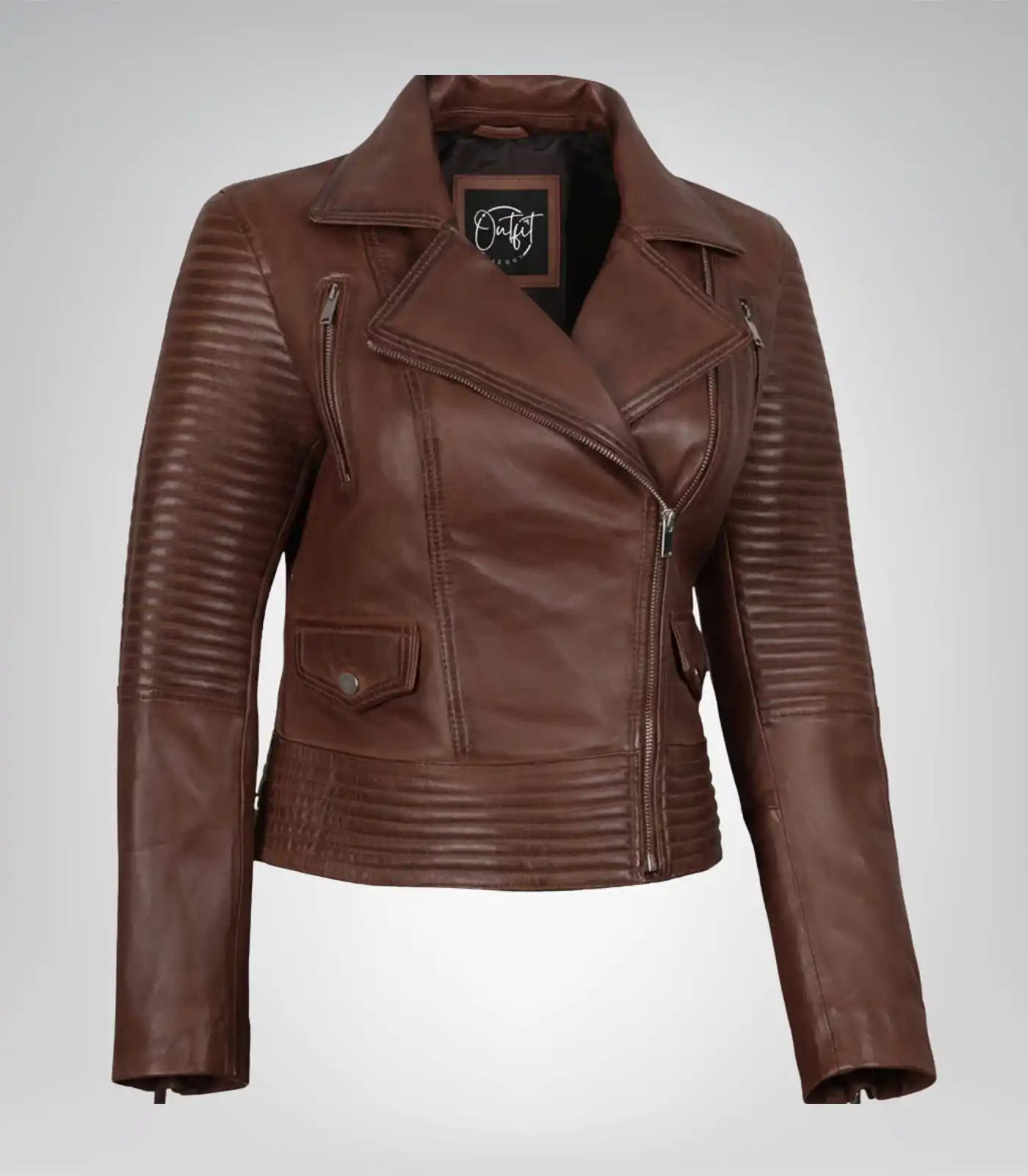 Women’s premium cognac leather moto jacket with asymmetrical design