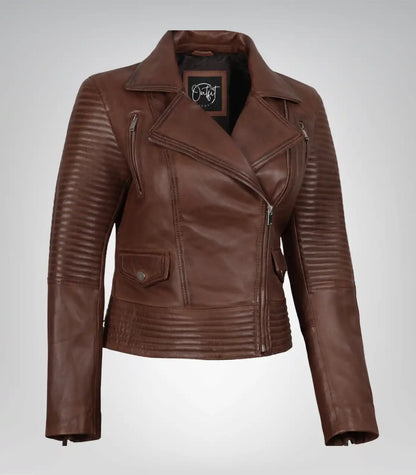 Women’s premium cognac leather moto jacket with asymmetrical design