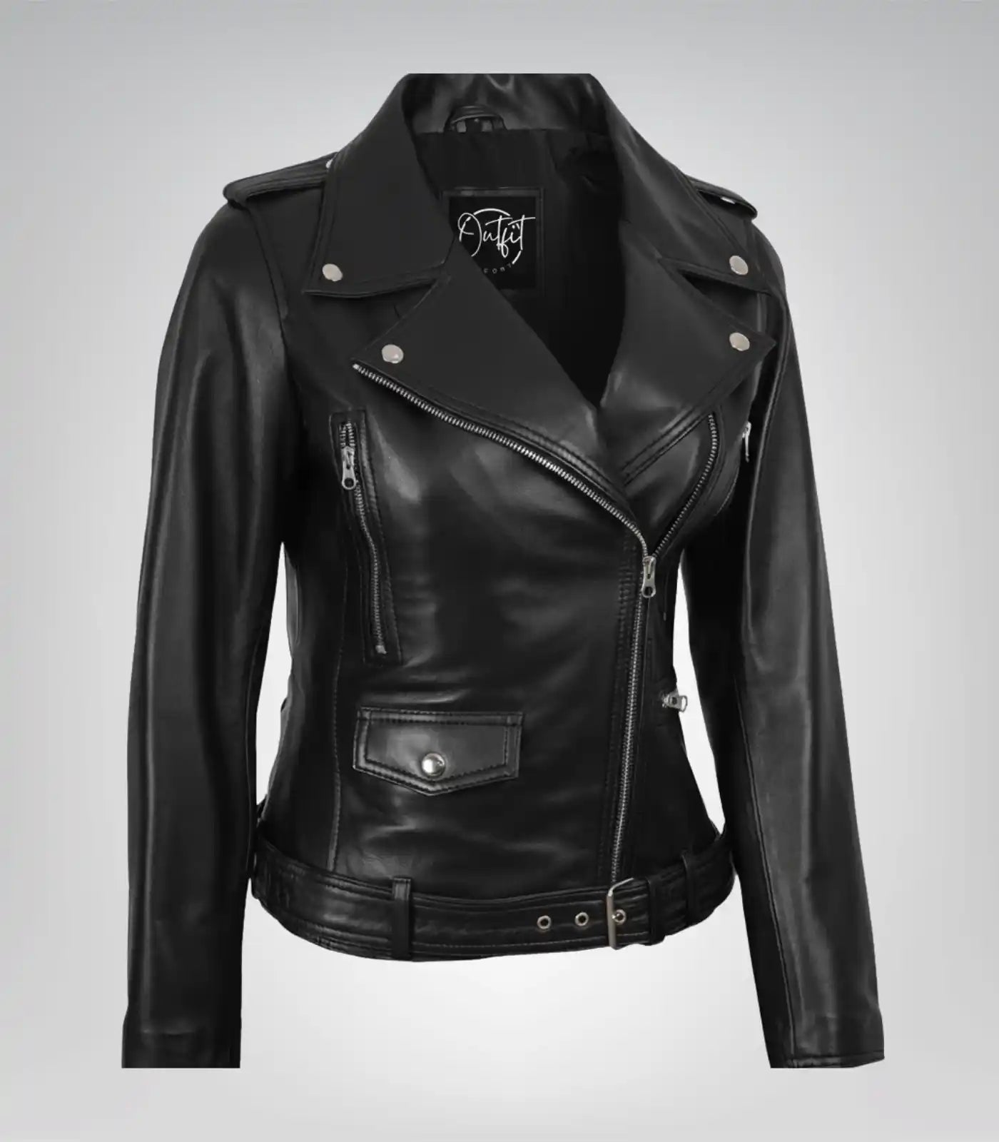 Marcella women’s premium black leather moto jacket with asymmetrical zip