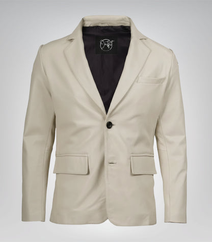 Men’s premium off-white leather blazer jacket with notch lapel
