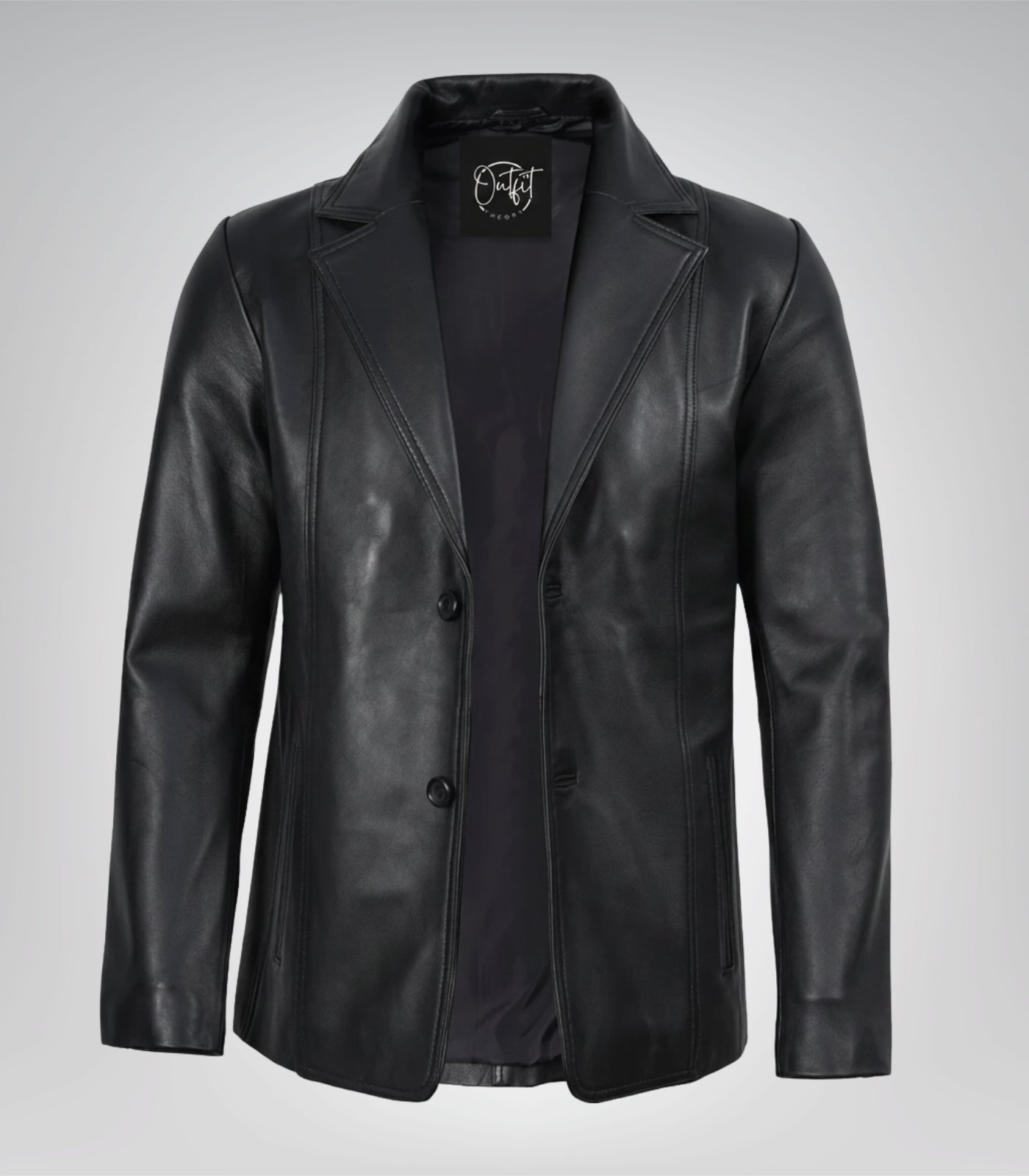 Men’s premium black leather blazer jacket with two buttons and notch lapel