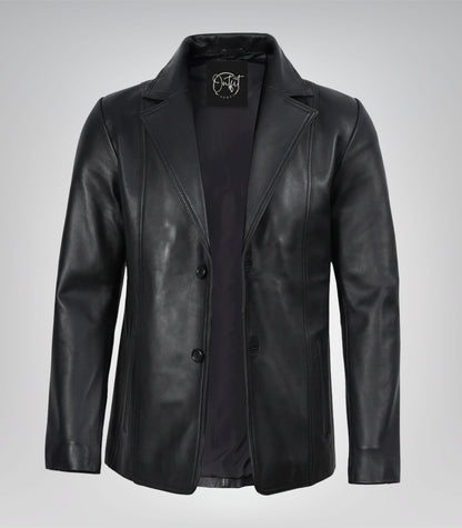 Men’s premium black leather blazer jacket with two buttons and notch lapel