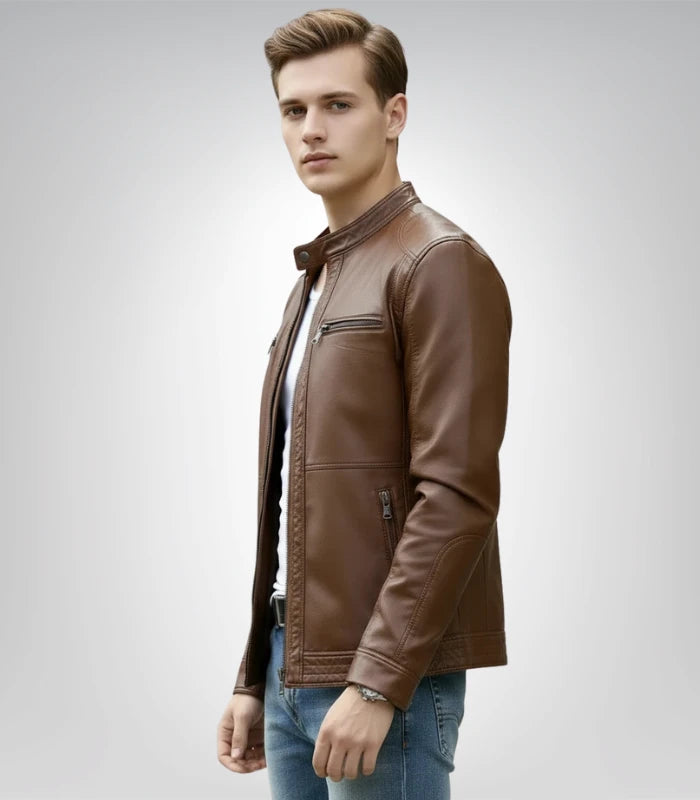 Premium dark brown leather biker jacket for men – cafe racer design