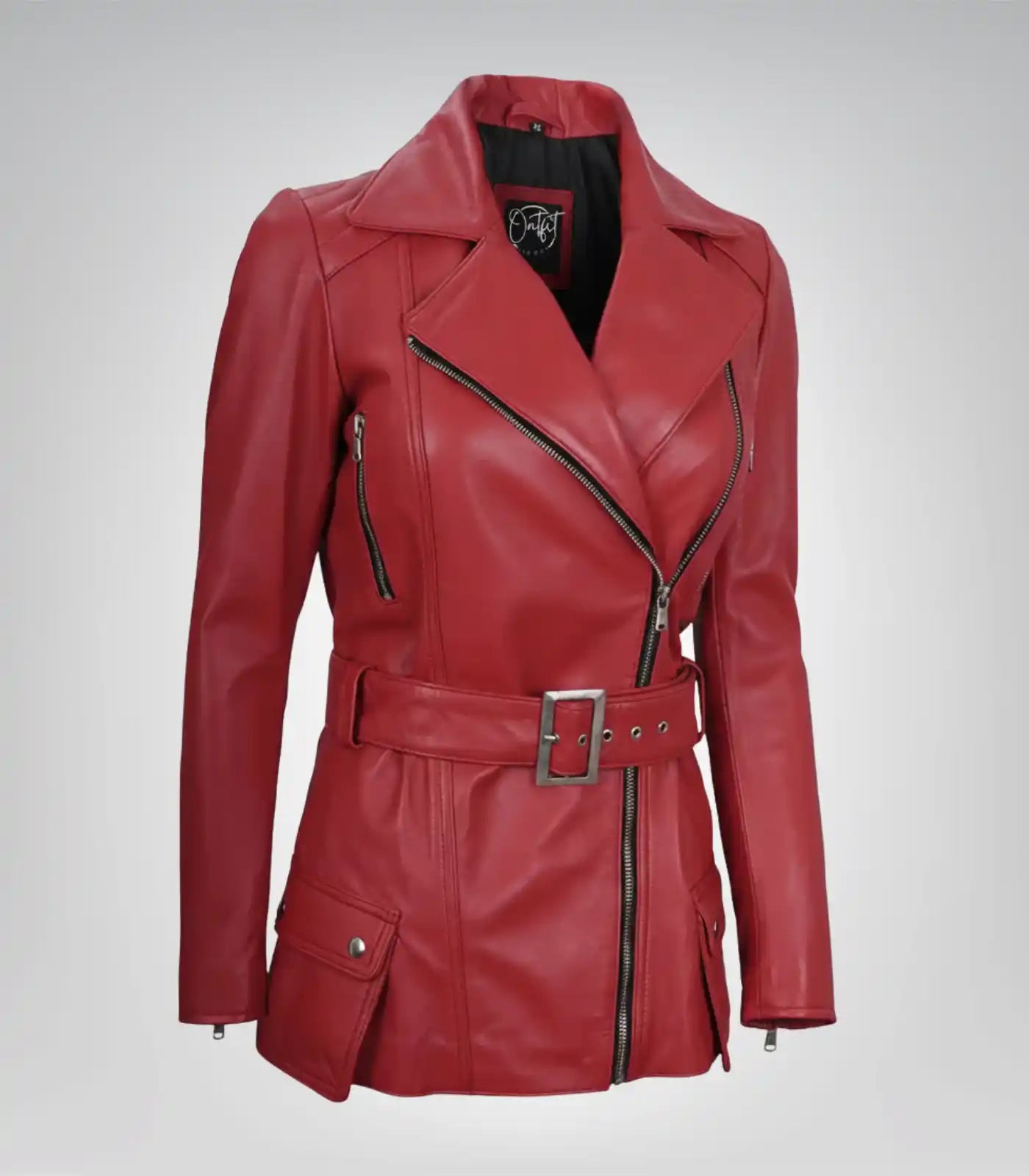 Women’s premium red leather moto jacket with belted design