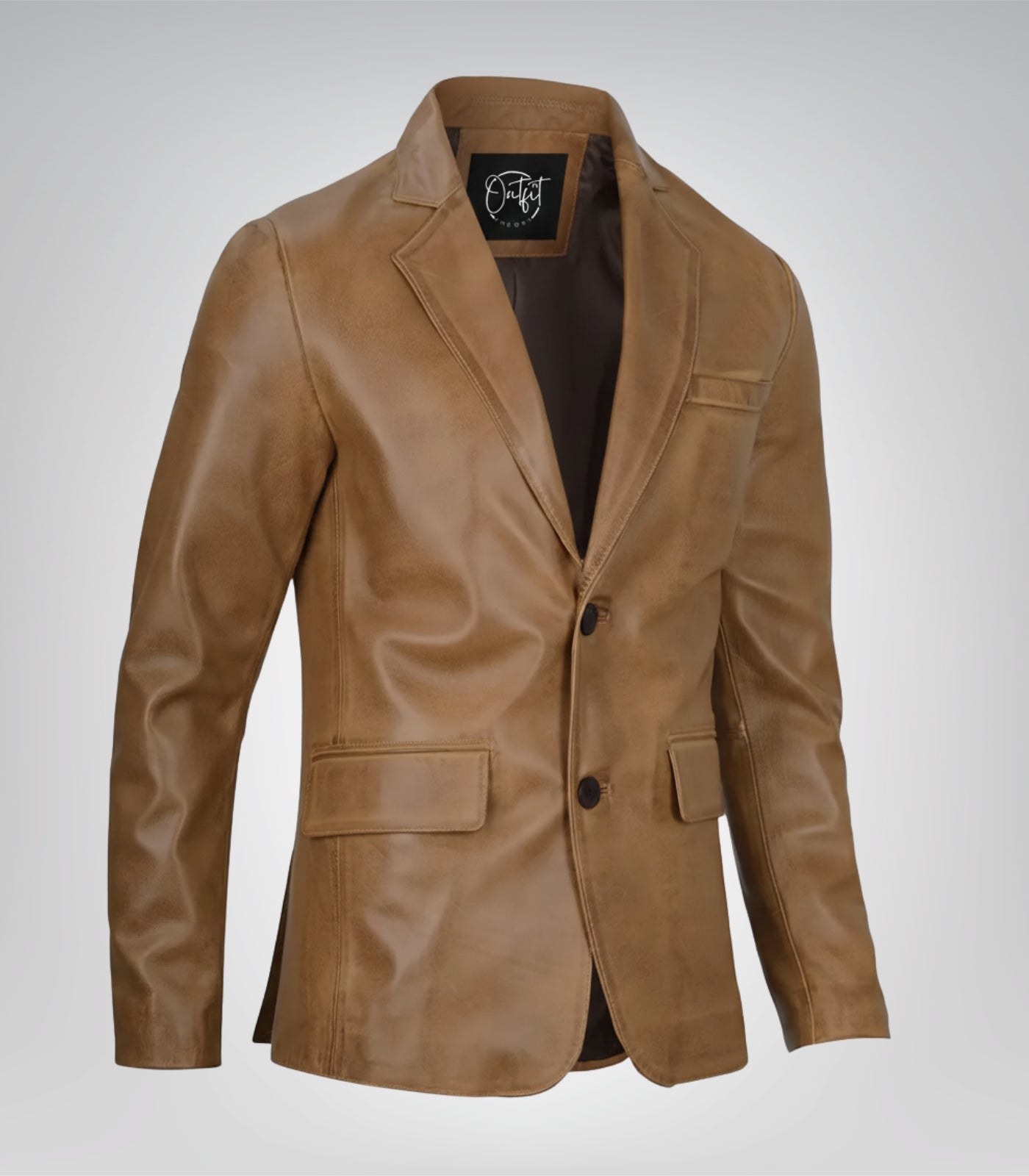 Men’s premium camel brown leather blazer jacket with two buttons