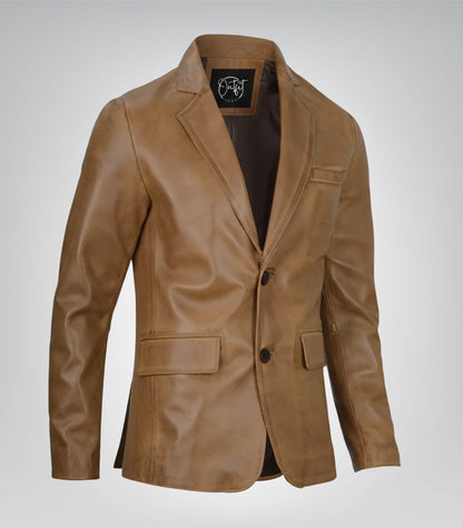 Men’s premium camel brown leather blazer jacket with two buttons
