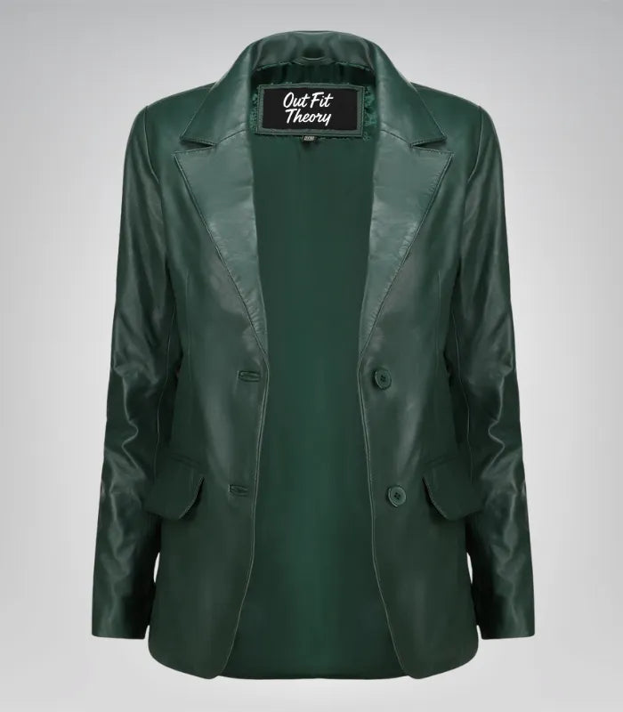 Women’s classic green lambskin leather blazer jacket – elegant everyday look