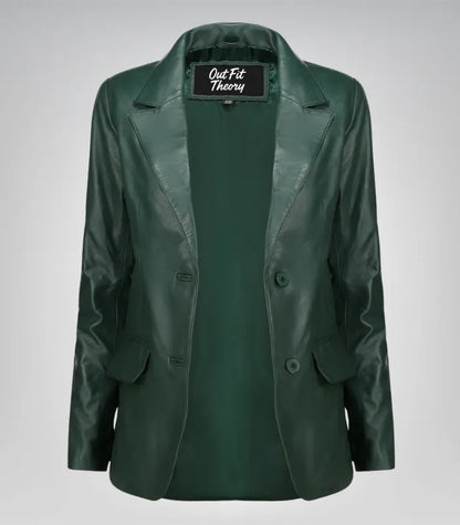 Women’s classic green lambskin leather blazer jacket – elegant everyday look