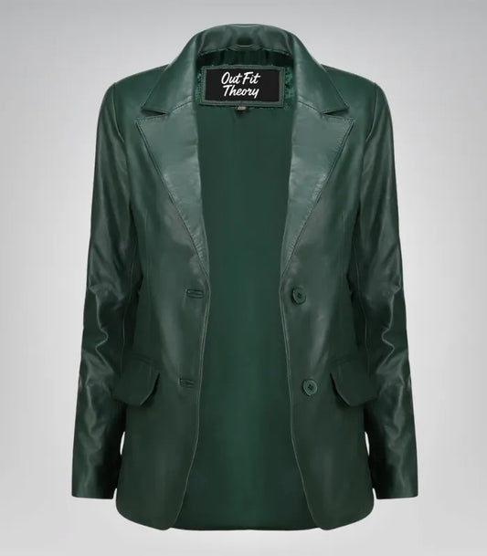 Women’s classic green lambskin leather blazer jacket – elegant everyday look