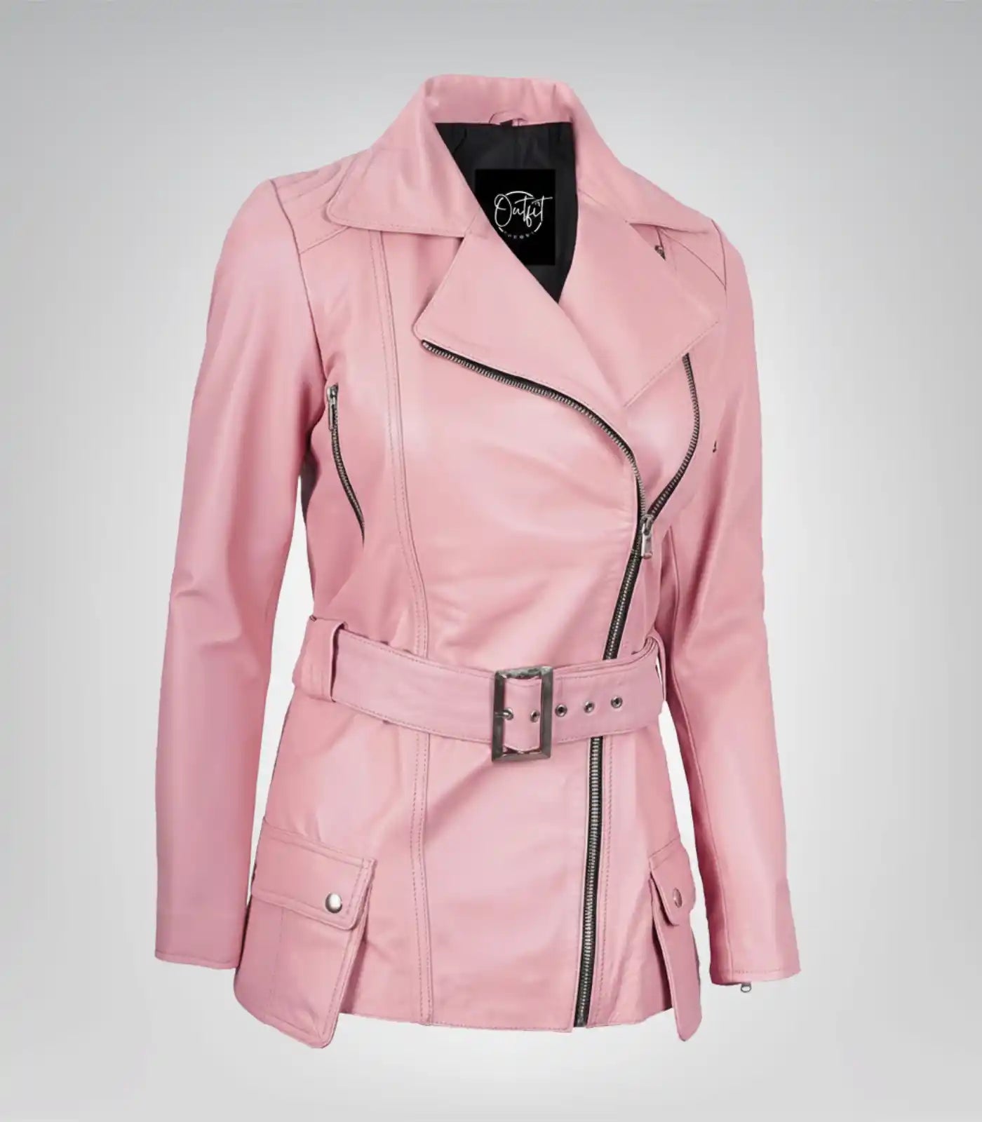 Women’s premium pink leather long motorcycle jacket with belted waist
