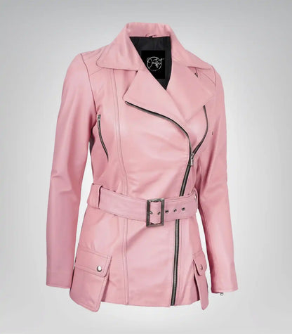 Women’s premium pink leather long motorcycle jacket with belted waist