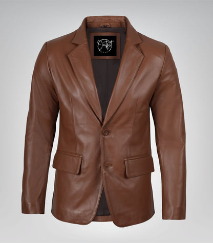 Men’s premium cognac leather blazer jacket with two buttons