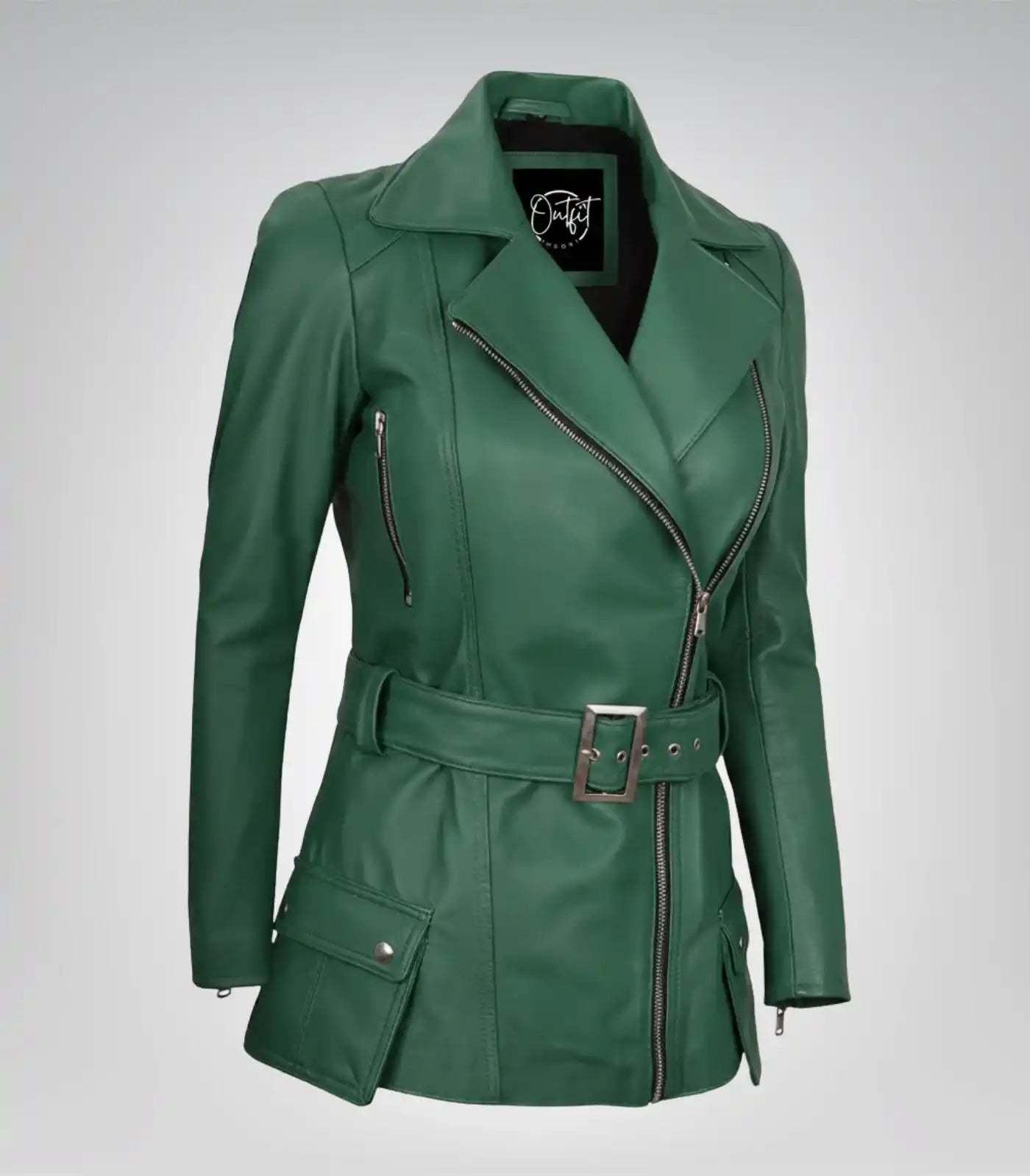 Women’s premium green leather motorcycle jacket with belted waist