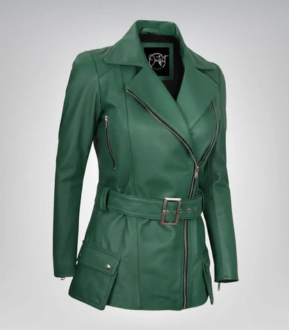 Women’s premium green leather motorcycle jacket with belted waist