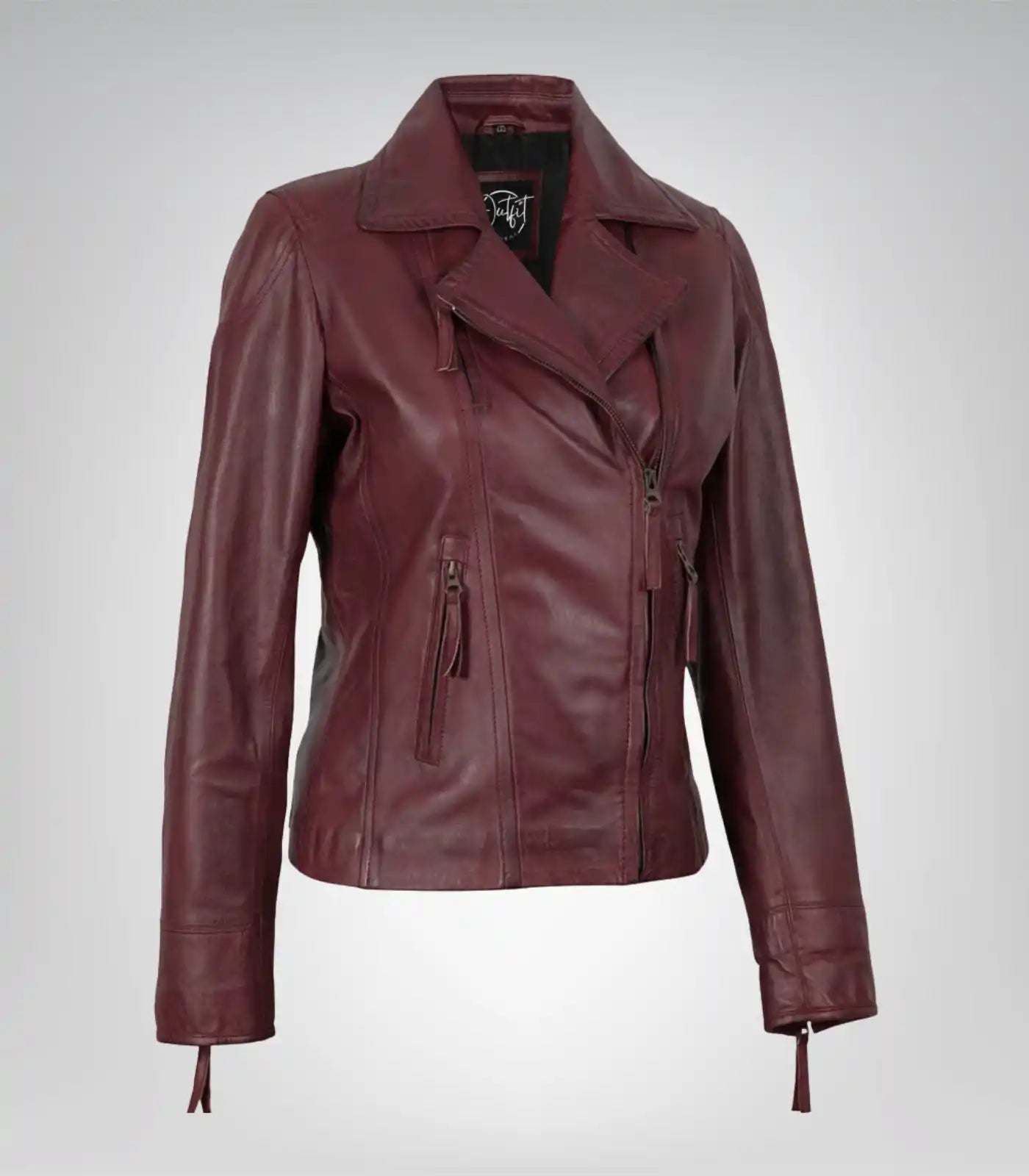 Women’s premium burgundy lambskin leather motorcycle jacket