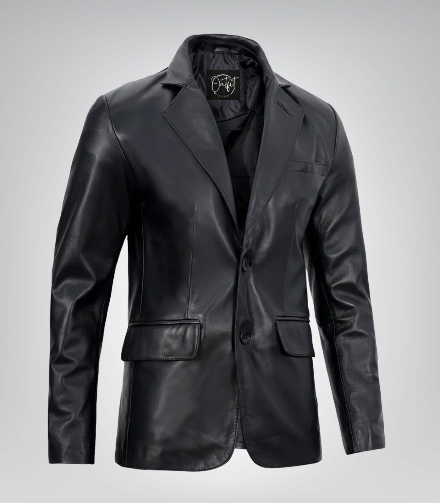 Men’s Two-Button Black Leather Blazer with Notch Lapel