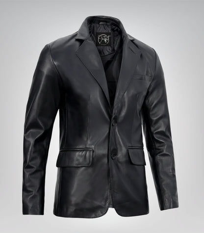 Men’s Two-Button Black Leather Blazer with Notch Lapel