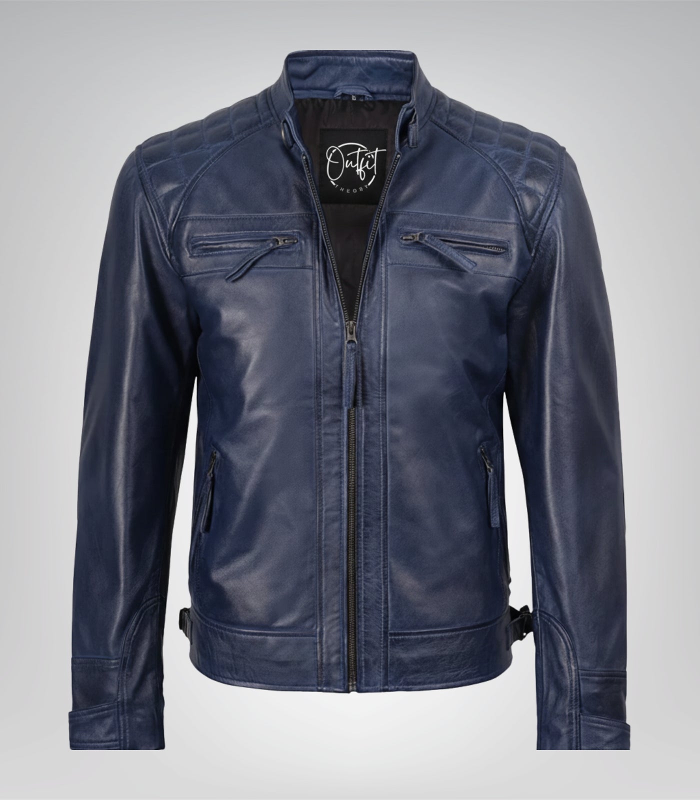Men’s Blue Waxed Leather Biker Jacket with Quilted Shoulders