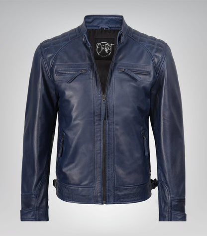 Men’s Blue Waxed Leather Biker Jacket with Quilted Shoulders