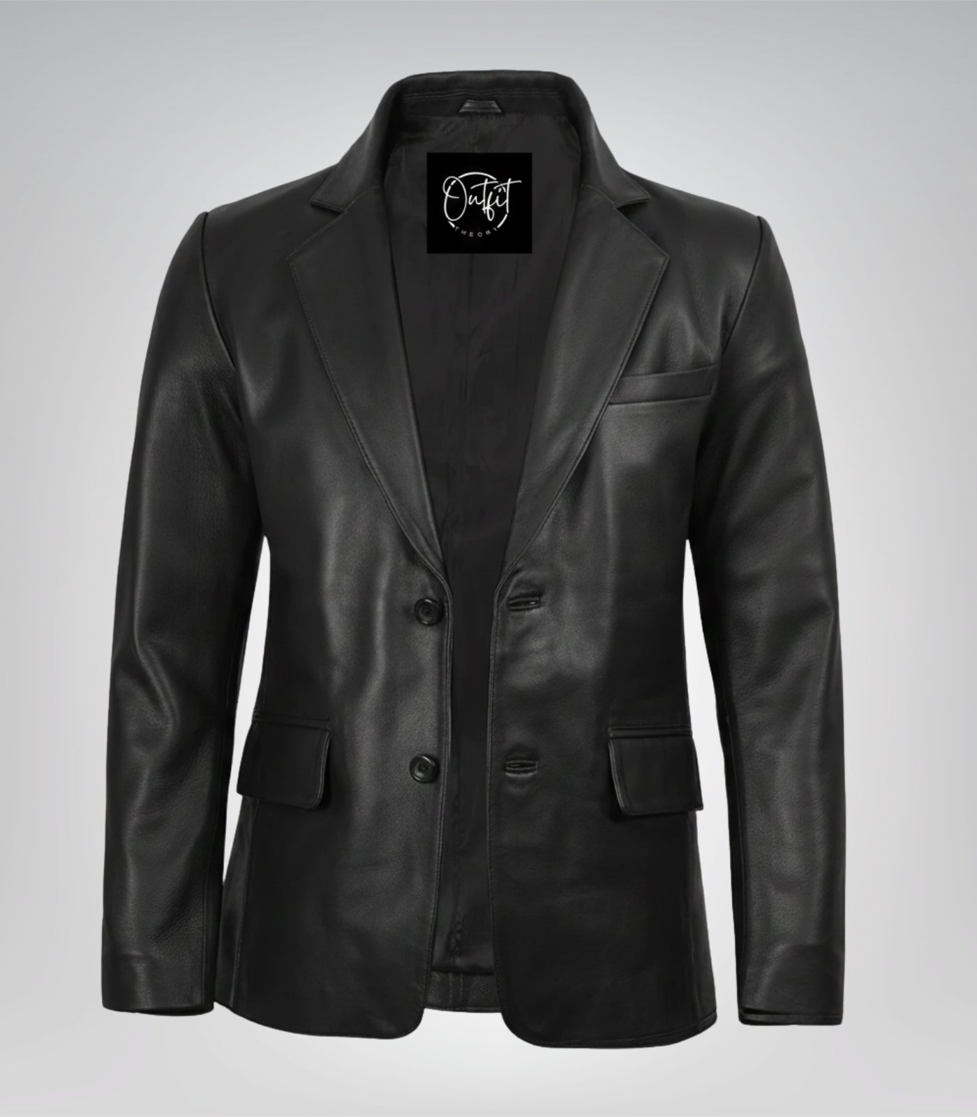 Men’s premium black leather blazer jacket with two buttons and notch lapel