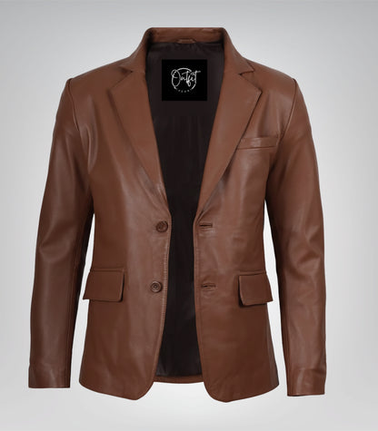 Men’s premium cognac leather blazer jacket with two buttons and notch lapel