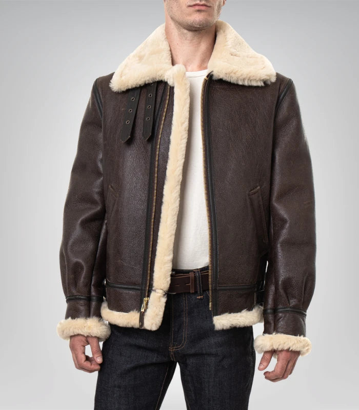 Premium shearling-lined brown leather coat for men